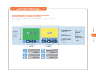 481
PART
7
BARISTA
 I MINERALI NELL’ACQUA POTABILE
MINERALS PRESENT IN DRINKING WATER 
Ca2+
Potassio / Potassium
Sodio / Sodium
Magnesio / Magnesium
Calcio / Calcium Bicarbonato /
Bicarbonate
Nitrato / Nitrate
Sulfato / Sulfate
Cloruro / Chloride
HCO3
-
SO4
2-
NO3
-
CI-
Na+
K+
Mg2+
Mg2+
Ca2+
NO3
-
NO3
-
SO4
2-
SO4
2-
CI-
CI-
HCO3
-
Na+
K+
Durezza
totale
Total
hardness
Totale solidi
disciolti
Total
dissolved
solids content
(TDS)
Durezza temporanea
o carbonatica
Temporary or
carbonate hardness
Durezza permanente
Permanent hardness
Non durezza
No hardness
CATIONI
CATIONS
ANIONI
ANIONS
Per una caratterizzazione dell’acqua ai fini dell’individuazione del trattamento
più appropriato da adottarsi ci concentriamo su tre parametri
In characterising the water for the purpose of identifying the most appropriate treatment,
we focus on three parameters
 