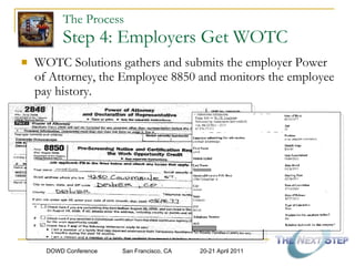 The Process   Step 4: Employers Get WOTC  WOTC Solutions gathers and submits the employer Power of Attorney, the Employee 8850 and monitors the employee pay history. 