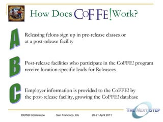 How Does  Work? A B C Releasing felons sign up in pre-release classes or  at a post-release facility Post-release facilities who participate in the CoFFE! program receive location-specific leads for Releasees Employer information is provided to the CoFFE! by  the post-release facility, growing the CoFFE! database 