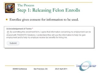 The Process   Step 1: Releasing Felon Enrolls Enrollee gives consent for information to be used. 
