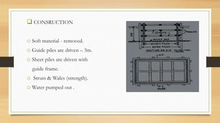  CONSRUCTION
o Soft material - removed.
o Guide piles are driven – 3m.
o Sheet piles are driven with
guide frame.
o Struts & Wales (strength).
o Water pumped out .
 