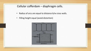 • Radius of arcs are equal to distance b/w cross walls.
• Filling height equal (avoid distortion)
Cellular cofferdam – diaphragm cells.
 