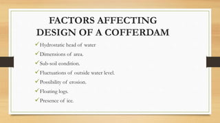 FACTORS AFFECTING
DESIGN OF A COFFERDAM
Hydrostatic head of water
Dimensions of area.
Sub-soil condition.
Fluctuations of outside water level.
Possibility of erosion.
Floating logs.
Presence of ice.
 