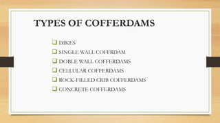 TYPES OF COFFERDAMS
 DIKES
 SINGLE WALL COFFRDAM
 DOBLE WALL COFFERDAMS
 CELLULAR COFFERDAMS
 ROCK-FILLED CRIB COFFERDAMS
 CONCRETE COFFERDAMS
 