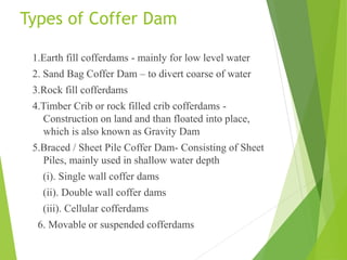 Types of Coffer Dam
1.Earth fill cofferdams - mainly for low level water
2. Sand Bag Coffer Dam – to divert coarse of water
3.Rock fill cofferdams
4.Timber Crib or rock filled crib cofferdams -
Construction on land and than floated into place,
which is also known as Gravity Dam
5.Braced / Sheet Pile Coffer Dam- Consisting of Sheet
Piles, mainly used in shallow water depth
(i). Single wall coffer dams
(ii). Double wall coffer dams
(iii). Cellular cofferdams
6. Movable or suspended cofferdams
 