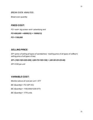 15
15
BREAK-EVEN ANALYSIS:
Break even quantity:
FIXED COST:
FC= rent+ big screen rent+ advertising rent
FC=500,000 + 40000(12) + 15000(12)
FC= 1160,000
SELLING PRICE:
SP= (price of selling all types of sandwiches) +(selling price of all types of coffee)+(
selling price of all types of tea)
SP= (160+160+220+200) +(60+70+100+100) + (40+30+25+25+40)
SP=1230 per unit
VARIABLE COST:
Mention above all cost per unit = 577
BE (Quantity)= FC/ (SP-VC)
BE (Quantity)= 1160,000/(1230-577)
BE (Quantity)= 1776 units.
 