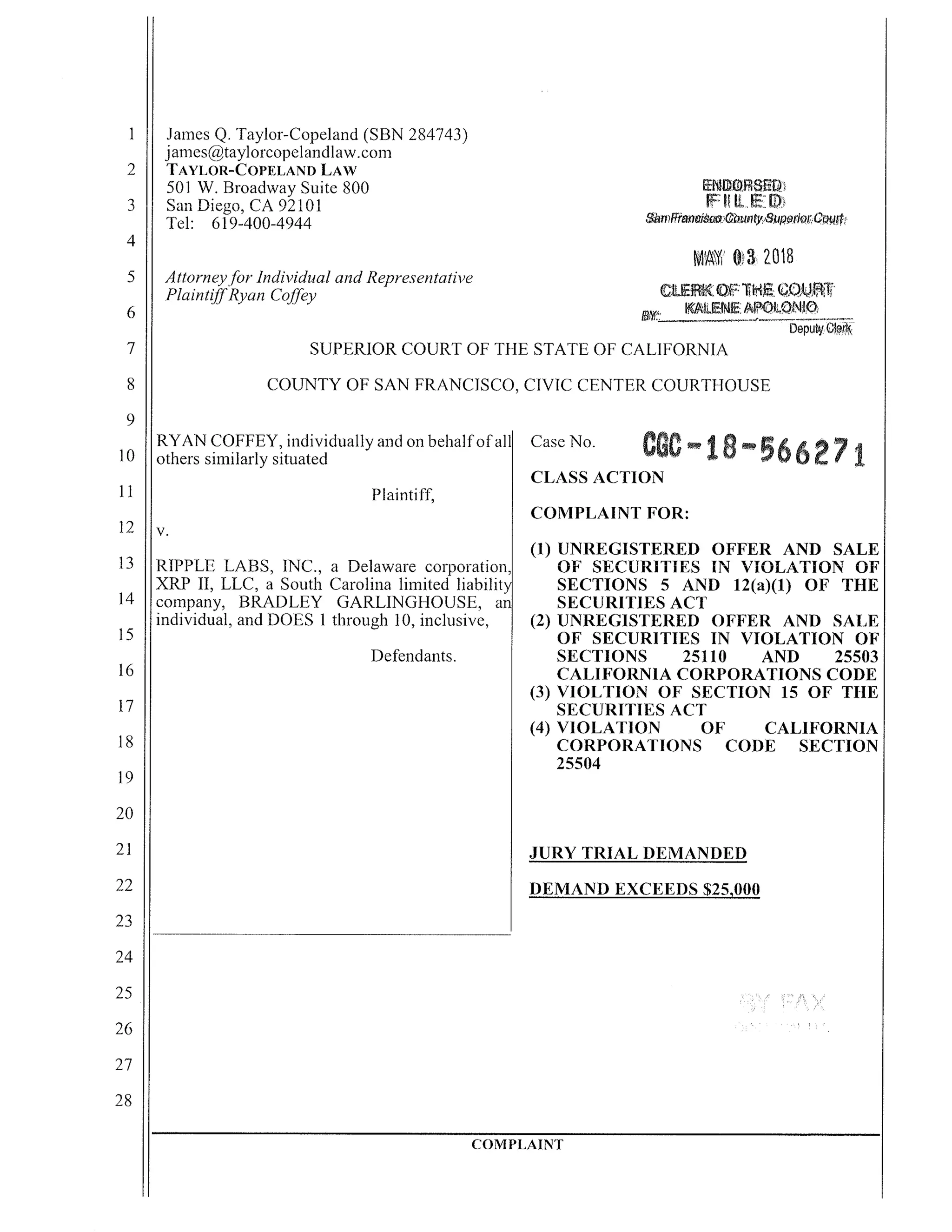 Coffey vs.Ripple Labs Class Action Lawsuit PDF