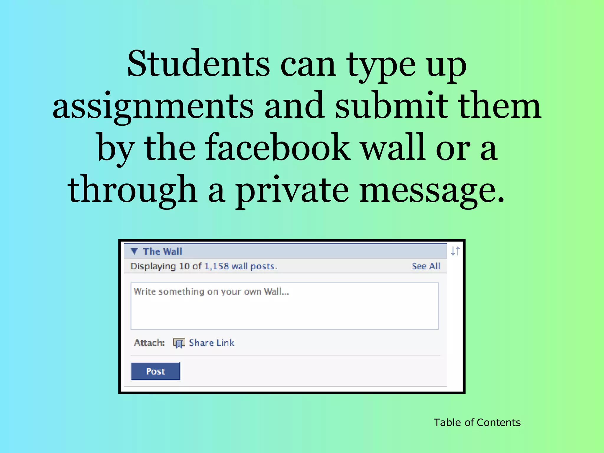 Students can type up assignments and submit them by the facebook wall or a through a private message.   