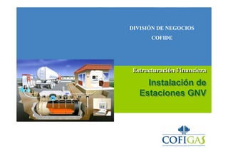 Estructuración Financiera
Instalación de
Estaciones GNV
Estructuración Financiera
InstalaciInstalacióón den de
Estaciones GNVEstaciones GNV
DIVISIÓN DE NEGOCIOS
COFIDE
 