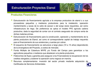 Operaciones a nivel
nacional
Productos Financieros
Estructuración de financiamiento agrícola a la empresa productora de etanol o a sus
proveedores pequeños y medianos productores para la instalación, operación
mantenimiento y socas de la caña de azúcar o del sorgo dulce requeridos, así como
infraestructura de riego. De preferencia se aplica el modelo PFE agrícola cadena
productiva, dada la seguridad de contar con el contrato asegurado de compra venta de
dichas materias primas.
Estructuración de financiamiento para la construcción, operación y mantenimiento de la
planta productora de Etanol, asi como el correspondiente capital de trabajo requerido
para el financiamiento de sus existencias y cuentas por cobrar.
El esquema de financiamiento se estructura a largo plazo (10 a 15 años) dependiendo
de la envergadura del Proyecto, a costos de mercado.
Fondo Múltiple de Cobertura MYPE y/o Fondo del Campo para garantizar a los
agricultores pequeños o medianos que abastecen a la planta productora.
Fideicomiso de flujos y garantia para asegurar a los Financiadores la recuperacion de los
creditos otorgados y sostener la operación como negocio en marcha.
Recursos complementarios: inversión del sector privado mediante adquisición de
Certificados de Servicios Ambientales.
Estructuración Proyectos Etanol
 