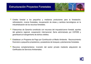 Operaciones a nivel
nacional
Estructuración Proyectos Forestales
Crédito forestal a los pequeños y medianos productores para la forestación,
reforestación, viveros forestales, recuperación de áreas y cambios tecnológicos en la
industrialización de los recursos forestales.
Fideicomiso de Garantía constituido con recursos del impuesto/canon forestal, aportes
del gobierno regional, cooperación internacional. Sería administrado por COFIDE y
garantizaría el otorgamiento de dichos créditos.
Establecer un Programa de Pago por Contribución al Medio Ambiente: Reconocimiento
financiero a pequeños propietarios y poseedores de bosques y plantaciones forestales.
Recursos complementarios: inversión del sector privado mediante adquisición de
Certificados de Servicios Ambientales.
 
