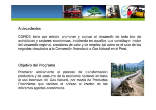 Objetivo del Programa
Promover activamente el proceso de transformación
productiva y de consumo de la economía nacional en base
al uso intensivo del Gas Natural, por medio de Productos
Financieros que faciliten el acceso al crédito de los
diferentes agentes económicos.
Antecedentes
COFIDE tiene por misión, promover y apoyar el desarrollo de todo tipo de
actividades y sectores económicos, incidiendo en aquellos que constituyen motor
del desarrollo regional, creadores de valor y de empleo; tal como es el caso de los
negocios vinculados a la Conversión financiada a Gas Natural en el Perú.
 