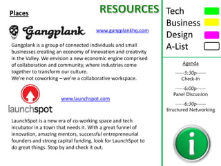Places                                                        Tech
                                                              Business
                                     www.gangplankhq.com
                                                              Design
Gangplank is a group of connected individuals and small
businesses creating an economy of innovation and creativity
                                                              A-List
in the Valley. We envision a new economic engine comprised
of collaboration and community, where industries come                 Agenda
together to transform our culture.                                ------5:30p------
We’re not coworking – we’re a collaborative workspace.                Check-in
                                                                  ------6:00p------
                                                                 Panel Discussion
                      www.launchspot.com
                                                                  ------6:30p------
                                                              Structured Networking

LaunchSpot is a new era of co-working space and tech
incubator in a town that needs it. With a great funnel of
innovation, amazing mentors, successful entrepreneurial
founders and strong capital funding, look for LaunchSpot to
do great things. Stop by and check it out.
 