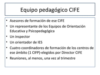 Equipo pedagógico CIFE
• Asesores de formación de ese CIFE
• Un representante de los Equipos de Orientación
Educativa y Psicopedagógica
• Un inspector
• Un orientador de IES
• Cuatro coordinadores de formación de los centros de
ese ámbito (1 CIFP)-elegidos por Director CIFE
• Reuniones, al menos, una vez al trimestre
 