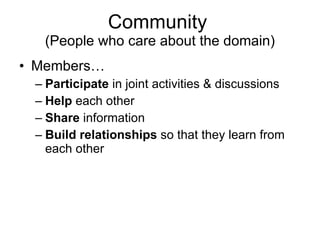 Community   (People who care about the domain) Members… Participate  in joint activities & discussions Help  each other Share  information Build relationships  so that they learn from each other 