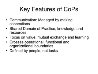 Key Features of CoPs Communication: Managed by making connections Shared Domain of Practice, knowledge and resources Focus on value, mutual exchange and learning Crosses operational, functional and organizational boundaries Defined by people, not tasks  
