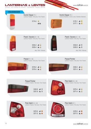 VOLKSWAGEN
Kombi Clipper 76 >
Lanterna Traseira / Tail Lamp / Faro Trasero
3174.4
Kombi Clipper 76 >
Lanterna Dianteira / Corner Lamp / Señalero Delantero
3176.1
3177.1
Parati / Saveiro 83 > 96
Lanterna Traseira / Tail Lamp / Faro Trasero
3334.4
3335.4
Parati / Saveiro 83 > 96
Lanterna Traseira / Tail Lamp / Faro Trasero
3334.9
3335.9
Passat 74 > 82
Lanterna Traseira / Tail Lamp / Faro Trasero
3318.4
3319.4
Passat Pointer
Lanterna Traseira / Tail Lamp / Faro Trasero
3330.4
3331.4
Passat Pointer
Lanterna Traseira / Tail Lamp / Faro Trasero
3330.9
3331.9
Polo Hatch 03 > 06
Lanterna Traseira / Tail Lamp / Faro Trasero
3370.4
3371.4
Polo Hatch 03 > 06
Lanterna Traseira / Tail Lamp / Faro Trasero
3370.5
3371.5
Polo Hatch 07 >
Lanterna Traseira / Tail Lamp / Faro Trasero
3376.5
3377.5
Corner, Tail Lamps & Lenses / Senãleros, Faros y Micas
LANTERNAS E LENTES www.cofran.com.br
www.cofran.com.br14
Mod. TRW / Polimatic Mod. TRW / Polimatic
 