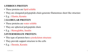 1.FIBROUS PROTEIN
• These proteins are lipid soluble
• They are elongated polypeptide chain generate filamentous sheet like structure
• E.g. : Elastin, Keratin
2.GLOBULAR PROTEIN
• These proteins are water soluble
• They are spherical polypeptide chain
• E.g. : Hemoglobin, Insulin
3.INTERMEDIATE PROTEIN:
• This type of protein have cytoskeleton structure
• They provide support structure to the cells
• E.g. : Desmin, Keratin
11/30/2023 5
 