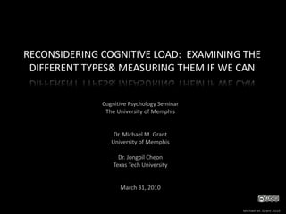 Reconsidering Cognitive Load:  Examining the different types  & measuring them if we can Cognitive Psychology Seminar The University of Memphis Dr. Michael M. Grant University of Memphis Dr. Jongpil Cheon Texas Tech University March 31, 2010 Michael M. Grant 2010 