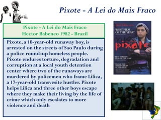 Pixote - A Lei do Mais Fraco
      Pixote - A Lei do Mais Fraco
      Hector Babenco 1982 - Brazil
Pixote, a 10-year-old runaway boy, is
arrested on the streets of Sao Paulo during
a police round-up homeless people.
Pixote endures torture, degradation and
corruption at a local youth detention
center where two of the runaways are
murdered by policemen who frame Lilica,
a 17-year-old transvesite hustler. Pixote
helps Lilica and three other boys escape
where they make their living by the life of
crime which only escalates to more
violence and death
 