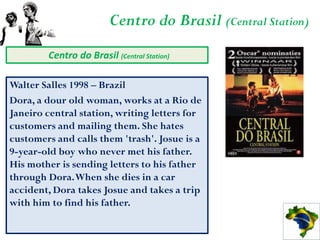Centro do Brasil (Central Station)
        Centro do Brasil (Central Station)

Walter Salles 1998 – Brazil
Dora, a dour old woman, works at a Rio de
Janeiro central station, writing letters for
customers and mailing them. She hates
customers and calls them 'trash'. Josue is a
9-year-old boy who never met his father.
His mother is sending letters to his father
through Dora. When she dies in a car
accident, Dora takes Josue and takes a trip
with him to find his father.
 