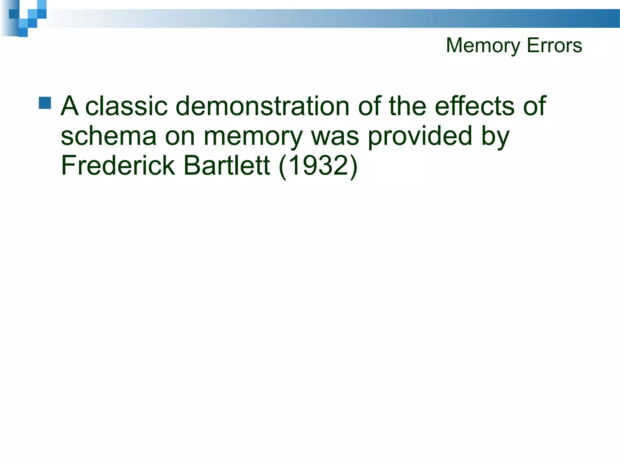 Memory Errors
 A classic demonstration of the effects of
schema on memory was provided by
Frederick Bartlett (1932)
 