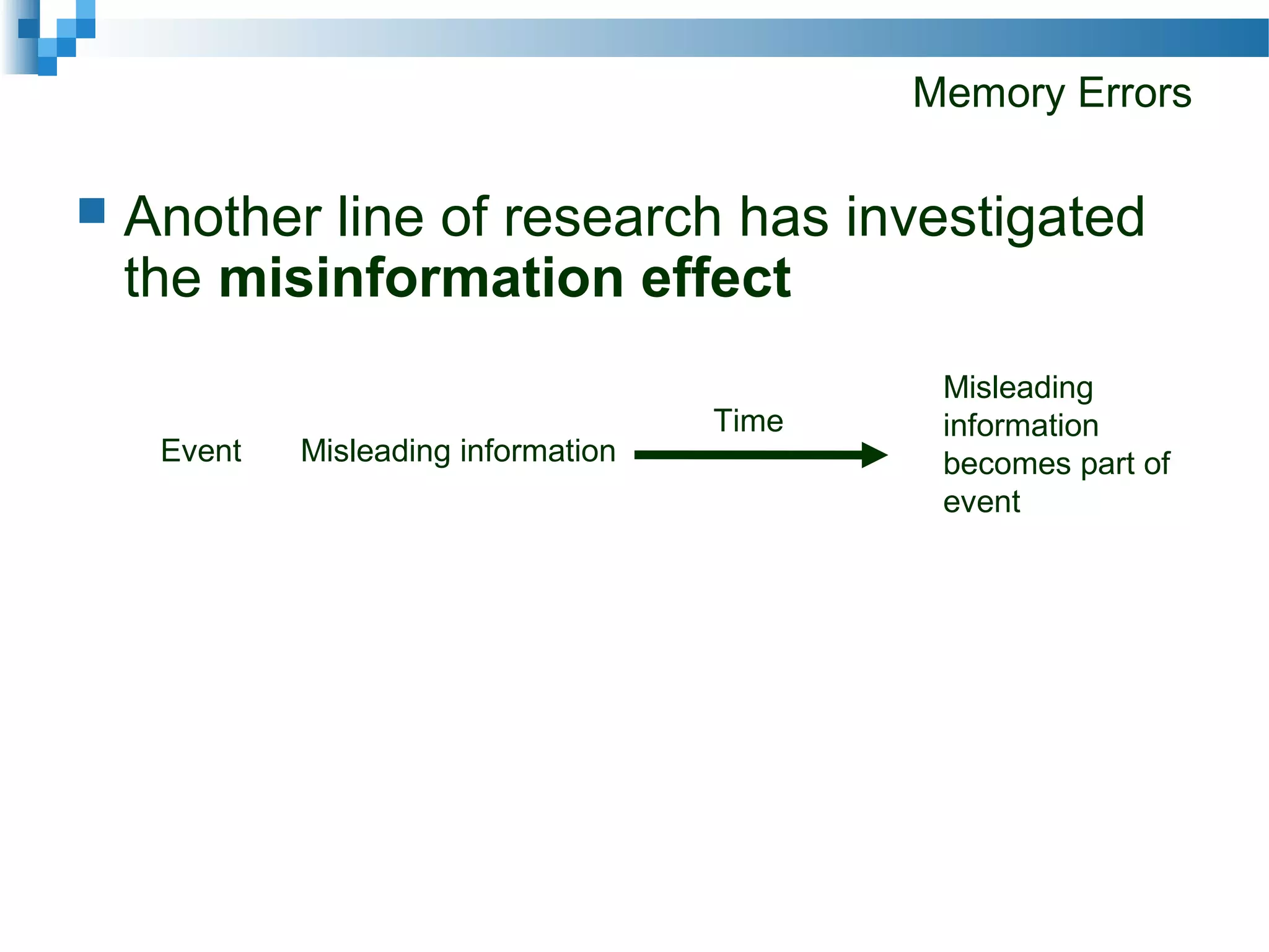 Memory Errors
 Another line of research has investigated
the misinformation effect
Event Misleading information
Time
Misleading
information
becomes part of
event
 