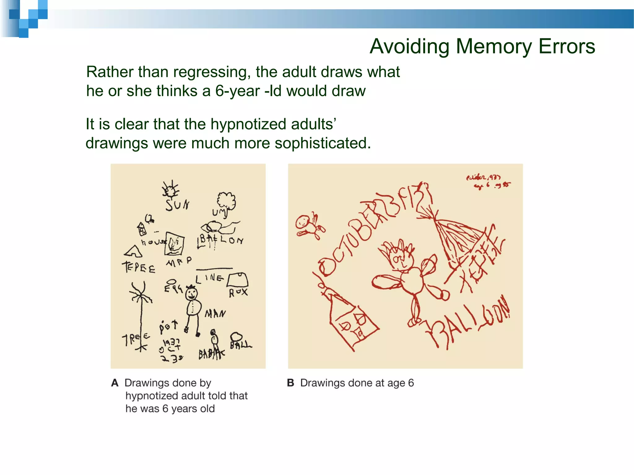 Avoiding Memory Errors
Rather than regressing, the adult draws what
he or she thinks a 6-year -ld would draw
It is clear that the hypnotized adults’
drawings were much more sophisticated.
 