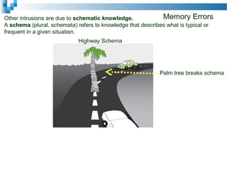 Memory Errors
Highway Schema
Palm tree breaks schema
Other intrusions are due to schematic knowledge.
A schema (plural, schemata) refers to knowledge that describes what is typical or
frequent in a given situation.
 