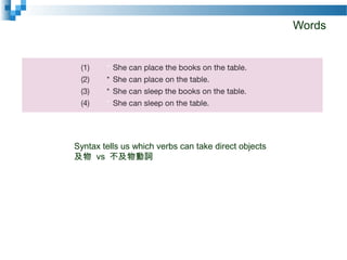 Words
Syntax tells us which verbs can take direct objects
及物 vs 不及物動詞
 