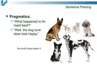 Sentence Parsing
 Pragmatics.
 “What happened to the
roast beef?”
 “Well, the dog sure
does look happy.”
He must have eaten it
 