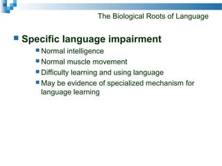 The Biological Roots of Language
 Specific language impairment
 Normal intelligence
 Normal muscle movement
 Difficulty learning and using language
 May be evidence of specialized mechanism for
language learning
 