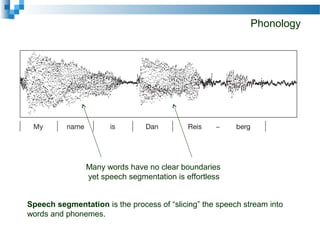 Phonology
Many words have no clear boundaries
yet speech segmentation is effortless
Speech segmentation is the process of “slicing” the speech stream into
words and phonemes.
 