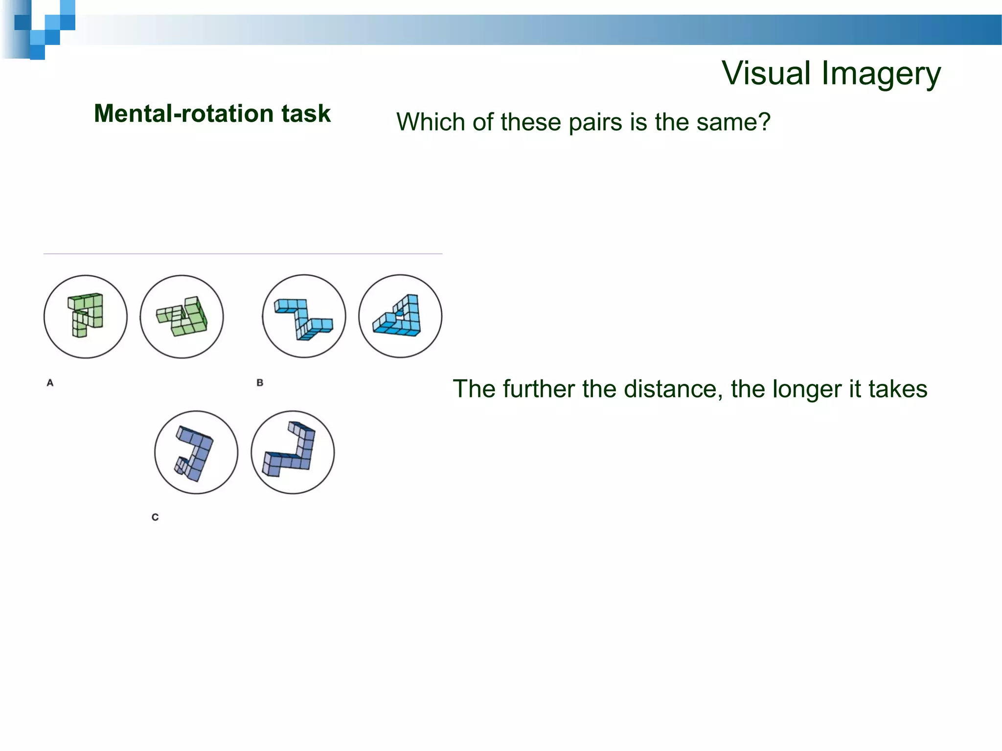 Visual Imagery
Mental-rotation task Which of these pairs is the same?
The further the distance, the longer it takes
 