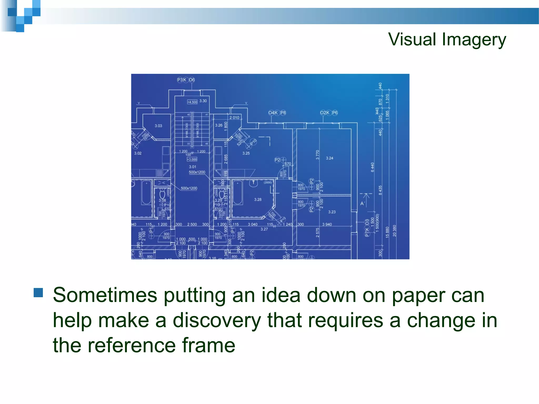 Visual Imagery
 Sometimes putting an idea down on paper can
help make a discovery that requires a change in
the reference frame
 
