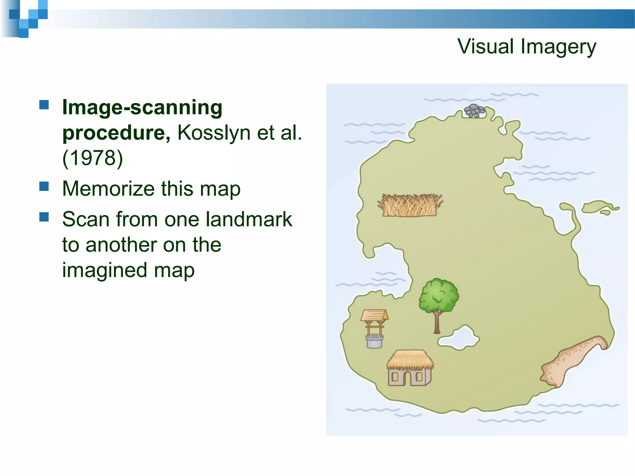 Visual Imagery
 Image-scanning
procedure, Kosslyn et al.
(1978)
 Memorize this map
 Scan from one landmark
to another on the
imagined map
 
