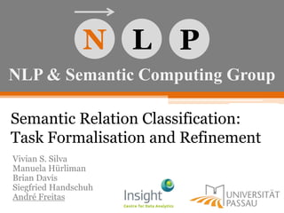 NLP & Semantic Computing Group
N L P
Semantic Relation Classification:
Task Formalisation and Refinement
Vivian S. Silva
Manuela Hürliman
Brian Davis
Siegfried Handschuh
André Freitas
 