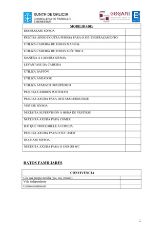 MOBILIDADE:
DESPRAZASE SÓ/SOA

PRECISA APOIO DOUTRA PERSOA PARA O SEU DESPRAZAMENTO

UTILIZA CADEIRA DE RODAS MANUAL

UTILIZA CADEIRA DE RODAS ELÉCTRICA

MANEXA A CADEIRA SÓ/SOA

LEVANTASE DA CADEIRA

UTILIZA BASTÓN

UTILIZA ANDADOR

UTILIZA APARATO ORTOPÉDICO

PRECISA CAMBIOS POSTURAIS

PRECISA AXUDA PARA DEITARSE/ERGUERSE

VISTESE SÓ/SOA

NECESITA SUPERVISIÓN Á HORA DE VESTIRSE

NECESITA AXUDA PARA COMER

HAI QUE TROCEARLLE A COMIDA

PRECISA AXUDA PARA O SEU ASEO

DUCHASE SÓ/SOA

NECESITA AXUDA PARA O USO DO WC




DATOS FAMILIARES

                                       CONVIVENCIA
Coa súa propia familia (pai, nai, irmáns).
Vida independente
Centro residencial




                                                       2
 