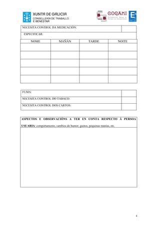 NECESITA CONTROL DA MEDICACIÓN:

 ESPECIFICAR:

       NOME                 MAÑÁN                  TARDE                  NOITE




FUMA:

NECESITA CONTROL DO TABACO:

NECESITA CONTROL DOS CARTOS:



ASPECTOS E OBSERVACIÓNS A TER EN CONTA RESPECTO Á PERSOA

USUARIA: comportamento, cambios do humor, gustos, pequenas manías, etc.




                                                                                  4
 