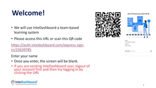 Welcome!
1
• We will use InteDashboard a team-based
learning system
• Please access this URL or scan this QR code
https://auth.intedashboard.com/express-sign-
in/23639785
Enter your name
• Once you enter, the screen will be blank.
• If you are existing InteDashboard user, logout of
your account first and then try logging in by
clicking the URL
 