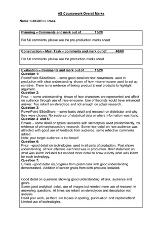 AS Coursework Overall Marks
Name: COGDELL Ross
Planning – Comments and mark out of 15/20
For full comments please see the pre-production marks sheet
Construction – Main Task – comments and mark out of 46/60
For full comments please see the production marks sheet
Evaluation – Comments and mark out of 13/20
Question 1:
PowerPoint /SlideShare – some good detail on how conventions used in
production with clear understanding shown of how mise-en-scene used to set up
narrative. There is no evidence of linking product to real products to highlight
argument.
Question 2:
Prezi – some understanding shown of how characters are represented and affect
on audience through use of mise-en-scene. Use of theorists would have enhanced
answer. Too reliant on stereotype and not enough on actual research.
Question 3:
PowerPoint /SlideShare – some basic detail and research on distributor and why
they were chosen. No evidence of statistical data or where information was found.
Question 4 and 5:
Emaze – some detail on typical audience with stereotypes used predominantly, no
evidence of primary/secondary research. Some nice detail on how audience was
attracted with good use of feedback from audience, some reflective comments
added.
Note: your target audience is too broad!
Question 6:
Prezi –good detail on technologies used in all parts of production. Post shows
understanding of how effective each tool was in production. Brief statement on
what was learnt included but needed more detail to show exactly what was learnt
for each technology.
Question 7:
Emaze –good detail on progress from prelim task with good understanding
demonstrated. Addition of screen grabs from both products included.
Good detail on questions showing good understanding of task, audience and
genre.
Some good analytical detail, use of images but needed more use of research in
answering questions. At times too reliant on stereotypes and description not
analysis.
Read your work, as there are lapses in spelling, punctuation and capital letters!
Limited use of technologies.
 