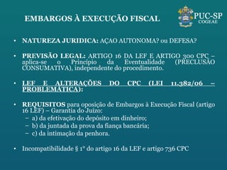 EMBARGOS À EXECUÇÃO FISCAL NATUREZA JURÍDICA:  AÇÃO AUTÔNOMA? ou DEFESA? PREVISÃO LEGAL:  ARTIGO 16 DA LEF E ARTIGO 300 CPC – aplica-se o Princípio da Eventualidade (PRECLUSÃO CONSUMATIVA), independente do procedimento. LEF E ALTERAÇÕES DO CPC (LEI 11.382/06 – PROBLEMÁTICA ): REQUISITOS  para oposição de Embargos à Execução Fiscal (artigo 16 LEF) – Garantia do Juízo:  a) da efetivação do depósito em dinheiro; b) da juntada da prova da fiança bancária; c) da intimação da penhora. Incompatibilidade § 1° do artigo 16 da LEF e artigo 736 CPC 