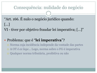 Fraude à lei e o excesso à liberdade negocial2 normas:Norma contornada  indesejadaNorma de contorno  possibilita a obtenção dos resultados queridos“É proibida a importação de veículos”(norma 01)“É permitida a importação de peças para reposição”(norma 02)Fraude à leiImportação de todas as peças necessárias à montagem de um veículo
