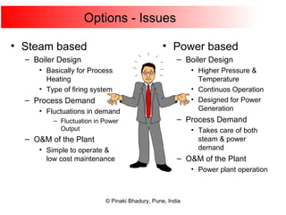 Options - Issues Steam based Boiler Design Basically for Process Heating Type of firing system Process Demand Fluctuations in demand Fluctuation in Power Output O&M of the Plant Simple to operate & low cost maintenance Power based Boiler Design Higher Pressure & Temperature Continuos Operation Designed for Power Generation Process Demand Takes care of both steam & power demand O&M of the Plant Power plant operation 