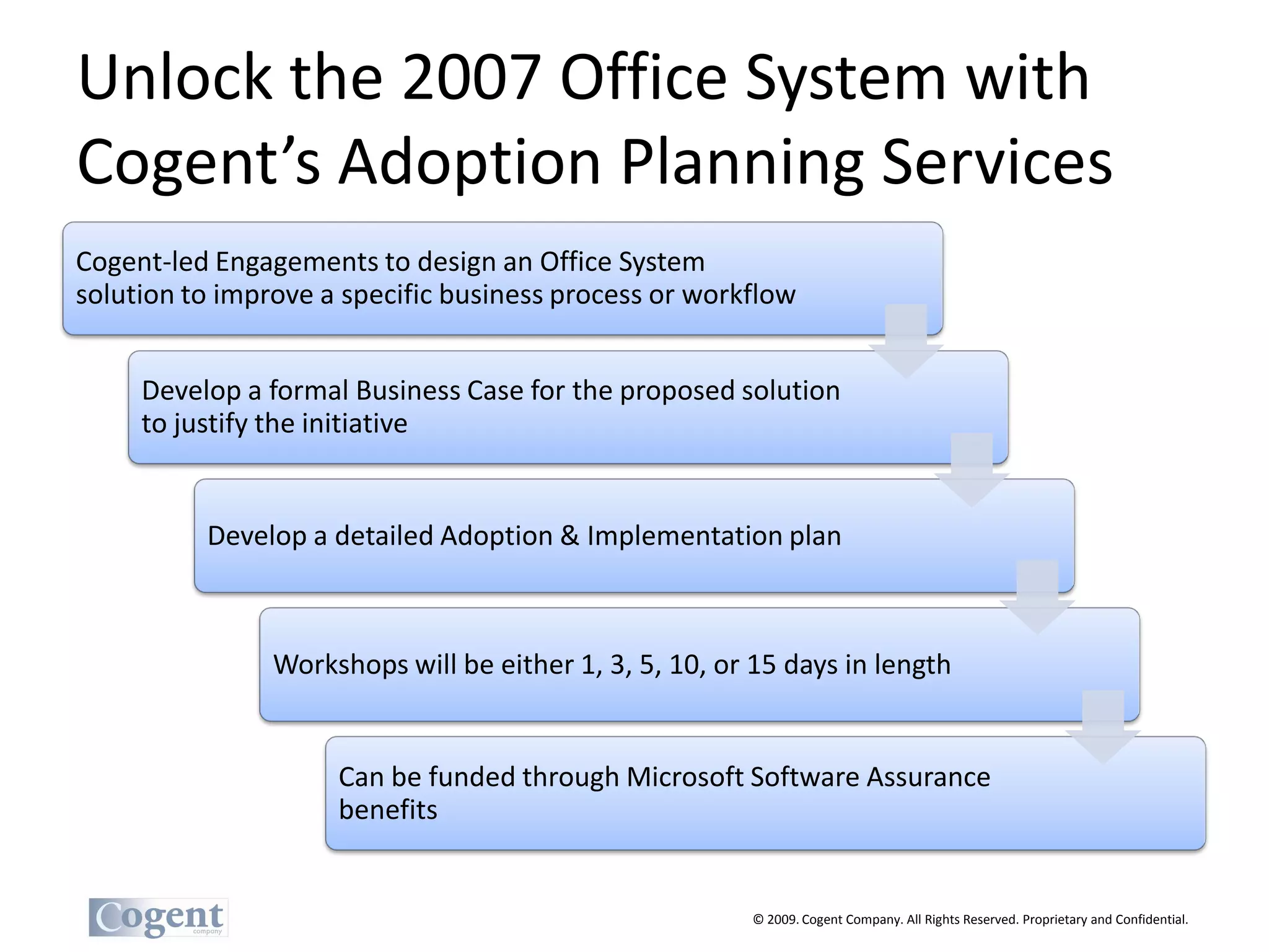 Unlock the 2007 Office System with
Cogent’s Adoption Planning Services
Cogent-led Engagements to design an Office System
solution to improve a specific business process or workflow


     Develop a formal Business Case for the proposed solution
     to justify the initiative


          Develop a detailed Adoption & Implementation plan



                Workshops will be either 1, 3, 5, 10, or 15 days in length


                     Can be funded through Microsoft Software Assurance
                     benefits


                                                        © 2009. Cogent Company. All Rights Reserved. Proprietary and Confidential.
 