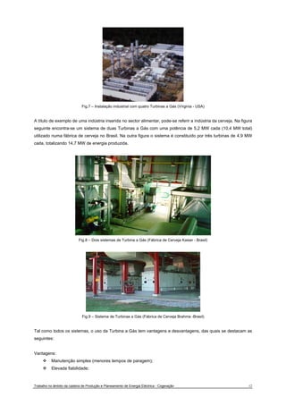 Fig.7 – Instalação industrial com quatro Turbinas a Gás (Vírginia - USA) 
A título de exemplo de uma indústria inserida no sector alimentar, pode-se referir a indústria da cerveja. Na figura 
seguinte encontra-se um sistema de duas Turbinas a Gás com uma potência de 5,2 MW cada (10,4 MW total) 
utilizado numa fábrica de cerveja no Brasil. Na outra figura o sistema é constituído por três turbinas de 4,9 MW 
cada, totalizando 14,7 MW de energia produzida. 
Fig.8 – Dois sistemas de Turbina a Gás (Fábrica de Cerveja Kaiser - Brasil) 
Fig.9 – Sistema de Turbinas a Gás (Fábrica de Cerveja Brahma -Brasil) 
Tal como todos os sistemas, o uso da Turbina a Gás tem vantagens e desvantagens, das quais se destacam as 
seguintes: 
Vantagens: 
™ Manutenção simples (menores tempos de paragem); 
™ Elevada fiabilidade; 
Trabalho no âmbito da cadeira de Produção e Planeamento de Energia Eléctrica - Cogeração 12 
 