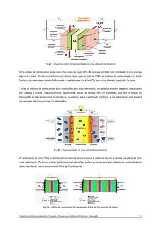 Fig.22 – Esquema típico de representação de uma célula de combustível 
Uma célula de combustível pode converter mais do que 90% da energia contida num combustível em energia 
eléctrica e calor. Em termos históricos podemos dizer que no ano de 1996, as células de combustível com ácido 
fosfórico apresentavam uma eficiência de conversão eléctrica de 42%, com uma elevada produção de calor. 
Todas as células de combustível são constituídas por dois eléctrodos, um positivo e outro negativo, designados 
por, cátodo e ânodo, respectivamente. Igualmente, todas as células têm um electrólito, que tem a função de 
transportar os iões produzidos no ânodo, ou no cátodo, para o eléctrodo contrário, e um catalisador, que acelera 
as reacções electroquímicas nos eléctrodos. 
Fig.23 – Representação de uma célula de combustível 
O rendimento de uma Pilha de Combustível varia de forma inversa à potência devido a perdas por efeito de ohm 
e de polarização. De forma a obter potências mais elevadas podem associar-se várias células de combustível em 
série, resultando numa denominada Pilha de Combustível. 
Fig.24 – Célula de combustível (à esquerda) e Pilha de Combustível (à direita) 
Trabalho no âmbito da cadeira de Produção e Planeamento de Energia Eléctrica - Cogeração 21 
 