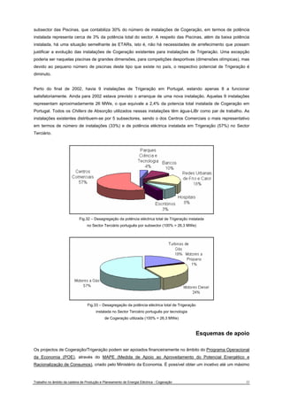 subsector das Piscinas, que contabiliza 30% do número de instalações de Cogeração, em termos de potência 
instalada representa cerca de 3% da potência total do sector. A respeito das Piscinas, além da baixa potência 
instalada, há uma situação semelhante às ETARs, isto é, não há necessidades de arrefecimento que possam 
justificar a evolução das instalações de Cogeração existentes para instalações de Trigeração. Uma excepção 
poderia ser naquelas piscinas de grandes dimensões, para competições desportivas (dimensões olímpicas), mas 
devido ao pequeno número de piscinas deste tipo que existe no país, o respectivo potencial de Trigeração é 
diminuto. 
Perto do final de 2002, havia 9 instalações de Trigeração em Portugal, estando apenas 8 a funcionar 
satisfatoriamente. Ainda para 2002 estava previsto o arranque de uma nova instalação. Aquelas 9 instalações 
representam aproximadamente 26 MWe, o que equivale a 2,4% da potencia total instalada de Cogeração em 
Portugal. Todos os Chillers de Absorção utilizados nessas instalações têm água-LiBr como par de trabalho. As 
instalações existentes distribuem-se por 5 subsectores, sendo o dos Centros Comerciais o mais representativo 
em termos de número de instalações (33%) e de potência eléctrica instalada em Trigeração (57%) no Sector 
Terciário. 
Fig.32 – Desagregação da potência eléctrica total de Trigeração instalada 
no Sector Terciário português por subsector (100% = 26,3 MWe) 
Fig.33 – Desagregação da potência eléctrica total de Trigeração 
instalada no Sector Terciário português por tecnologia 
de Cogeração utilizada (100% = 26,3 MWe) 
Esquemas de apoio 
Os projectos de Cogeração/Trigeração podem ser apoiados financeiramente no âmbito do Programa Operacional 
da Economia (POE), através do MAPE (Medida de Apoio ao Aproveitamento do Potencial Energético e 
Racionalização de Consumos), criado pelo Ministério da Economia. É possível obter um incetivo até um máximo 
Trabalho no âmbito da cadeira de Produção e Planeamento de Energia Eléctrica - Cogeração 33 
 