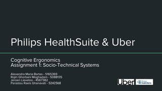 Philips HealthSuite & Uber
Cognitive Ergonomics
Assignment 1: Socio-Technical Systems
Alexandra Maria Bartas - 5165369
Rojin Ghorbani Moghadam - 5088135
Jeroen Lieveloo - 4567382
Parastou Raeis Ghanavati - 5242568
 