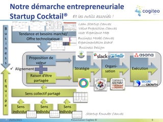 Notre démarche entrepreneuriale
Startup Cocktail®
Proposition de
valeur
Et les outils associés !
Startup Founder Canvas
Business Model Canvas
Experimentation board
Business Design
Lean Startup Canvas
Value Proposition Canvas
User Experience Map
B
u
s
i
n
e
s
s
E
q
u
i
p
e
Stratégie
Organi-
sation
Exécution
Tendance et besoins marché/
Offre technologique
Sens collectif partagé
Sens
individuel
Sens
individuel
Sens
individuel
Ref :
Date :
Valeurs Vision Stratégie Compétences
Motivations Missions Organisation Moyens
Why & How, the Startup Founder Canvas v0.92
Pourquoi Comment
www.startupfoundercanvas.com - Le Startup Founder Canvas est complémentaire du Business Model Canvas Strategyzer.com et licencié sous Creative Commons
Bénéfices Engagements
Raison d'être
Critères de succès
Ref :
Date :
Valeurs Vision Stratégie Compétences
Motivations Missions Organisation Moyens
Why & How, the Startup Founder Canvas v0.92
Pourquoi Comment
www.startupfoundercanvas.com - Le Startup Founder Canvas est complémentaire du Business Model Canvas Strategyzer.com et licencié sous Creative Commons
Bénéfices Engagements
Raison d'être
Critères de succès
Ref :
Date :
Valeurs Vision Stratégie Compétences
Motivations Missions Organisation Moyens
Why & How, the Startup Founder Canvas v0.92
Pourquoi Comment
www.startupfoundercanvas.com - Le Startup Founder Canvas est complémentaire du Business Model Canvas Strategyzer.com et licencié sous Creative Commons
Bénéfices Engagements
Raison d'être
Critères de succès
✓ Alignement
Raison d’être
partagée
25/01/2021 Présentation Cogiteo © 9
 